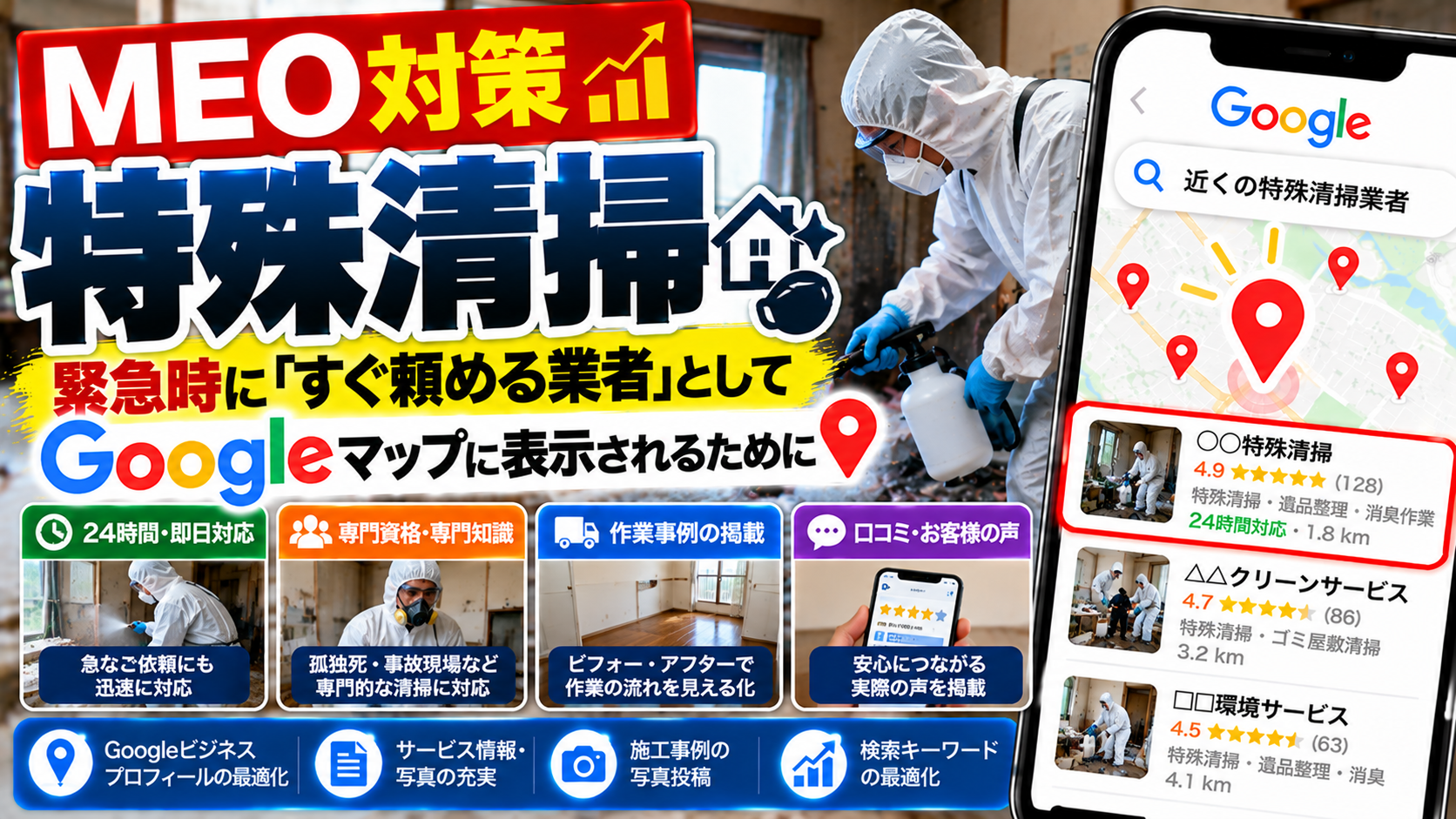 MEO対策 特殊清掃|緊急時に「すぐ頼める業者」としてGoogleマップに表示されるために